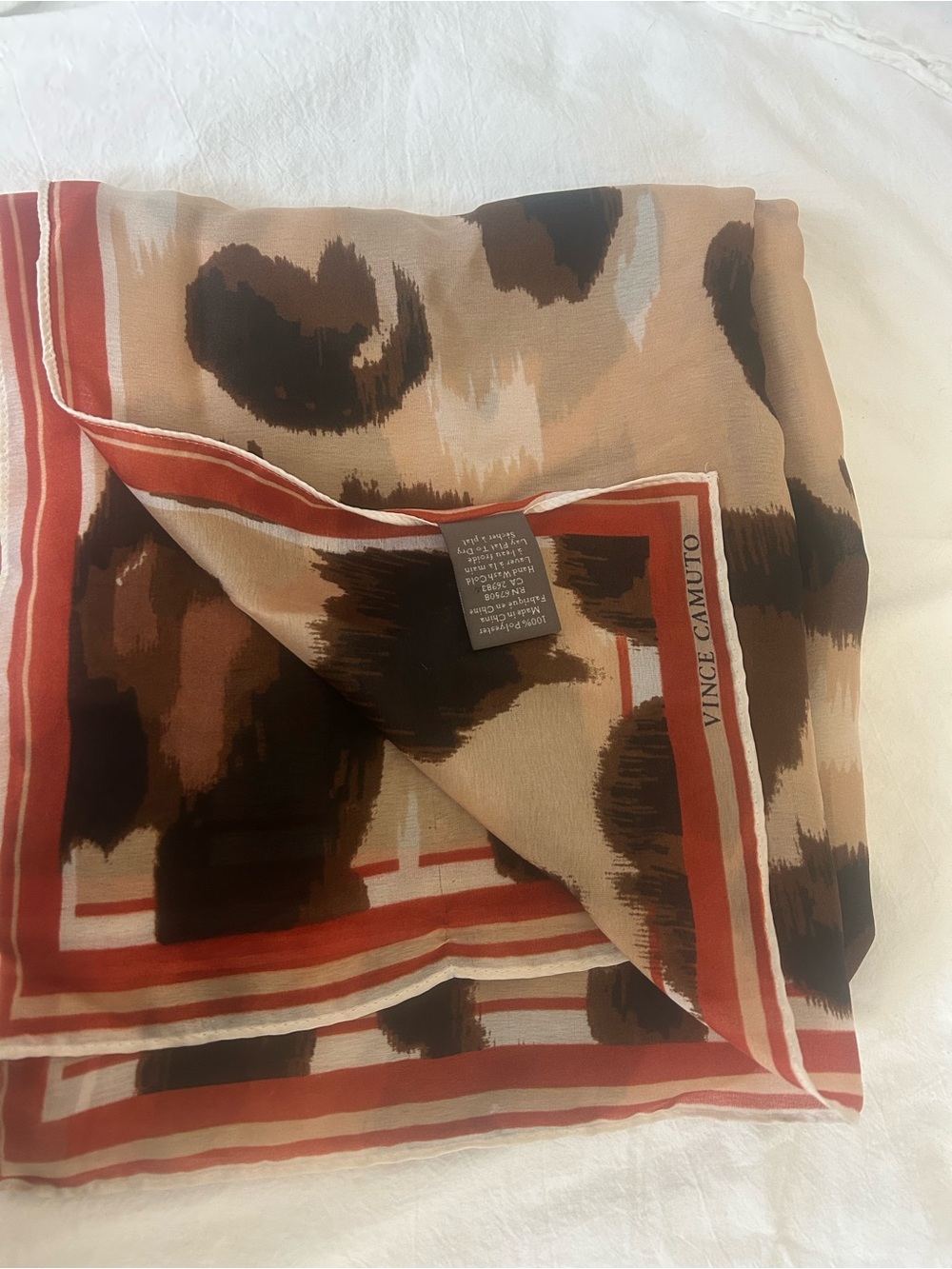 Vince Camuto Brown & Tan Leopard-Print Silk Scarf with Rust Border